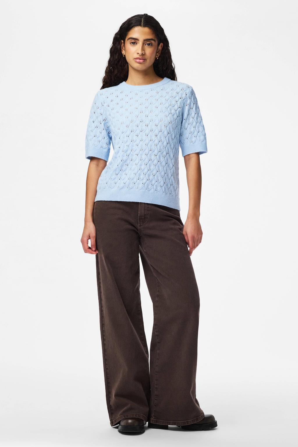 Lichtblauwe dames PIECES trui gebreid van polyester met effen, driekwart mouwen en ronde hals