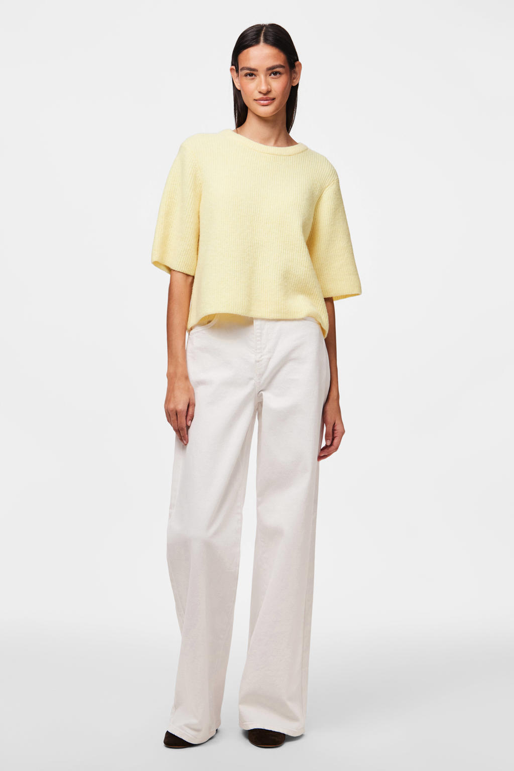 Lichtgele dames PIECES trui gebreid van polyester met effen, lange mouwen en ronde hals