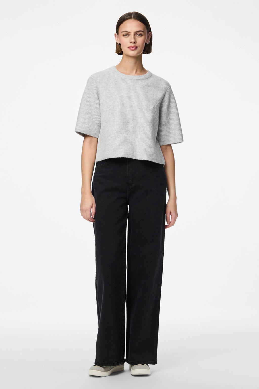 Grijze dames PIECES trui gebreid van polyester met effen, lange mouwen en ronde hals