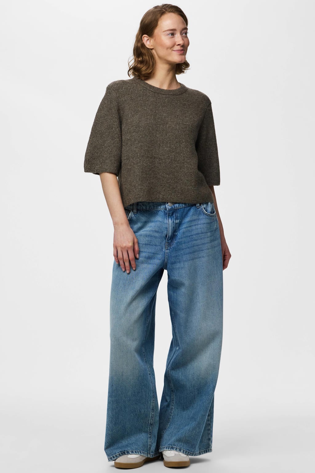 Bruine dames PIECES trui gebreid van polyester met effen, lange mouwen en ronde hals