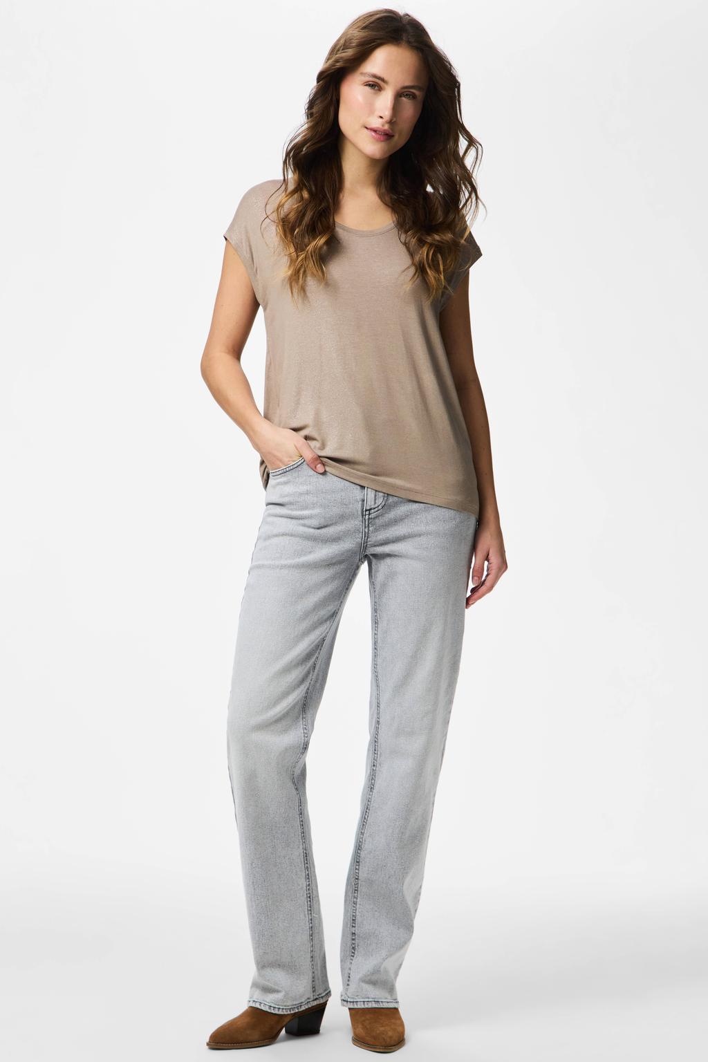 Beige dames PIECES T-shirt van viscose met effen, korte mouwen, ronde hals en glimmend detail