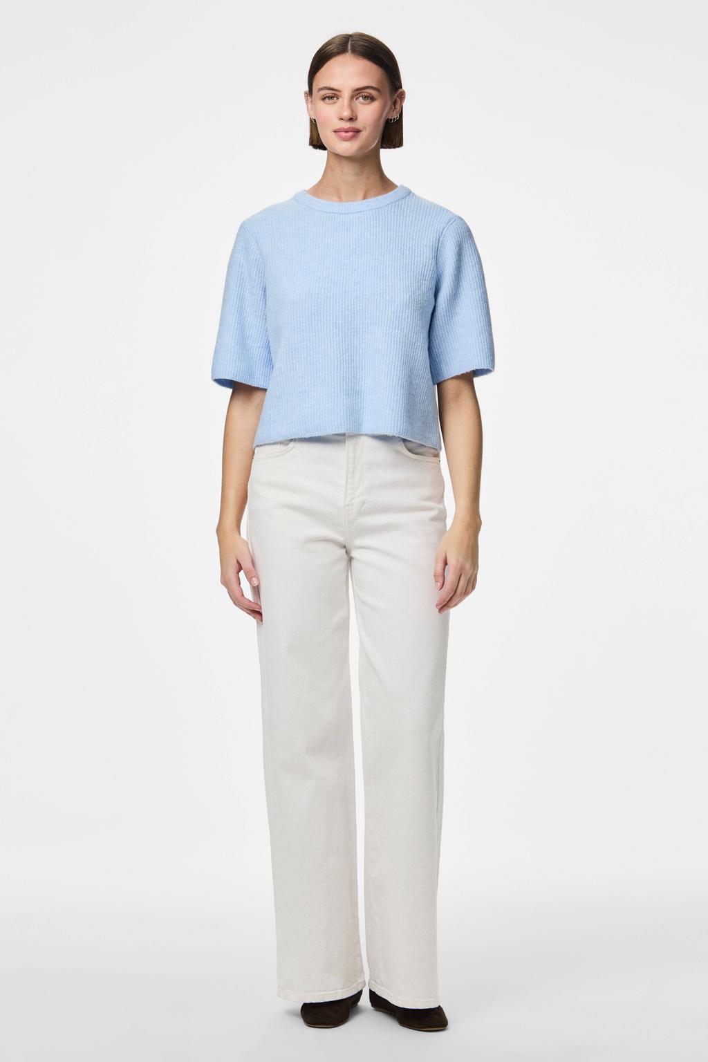 Lichtblauwe dames PIECES trui gebreid van polyester met effen, lange mouwen en ronde hals