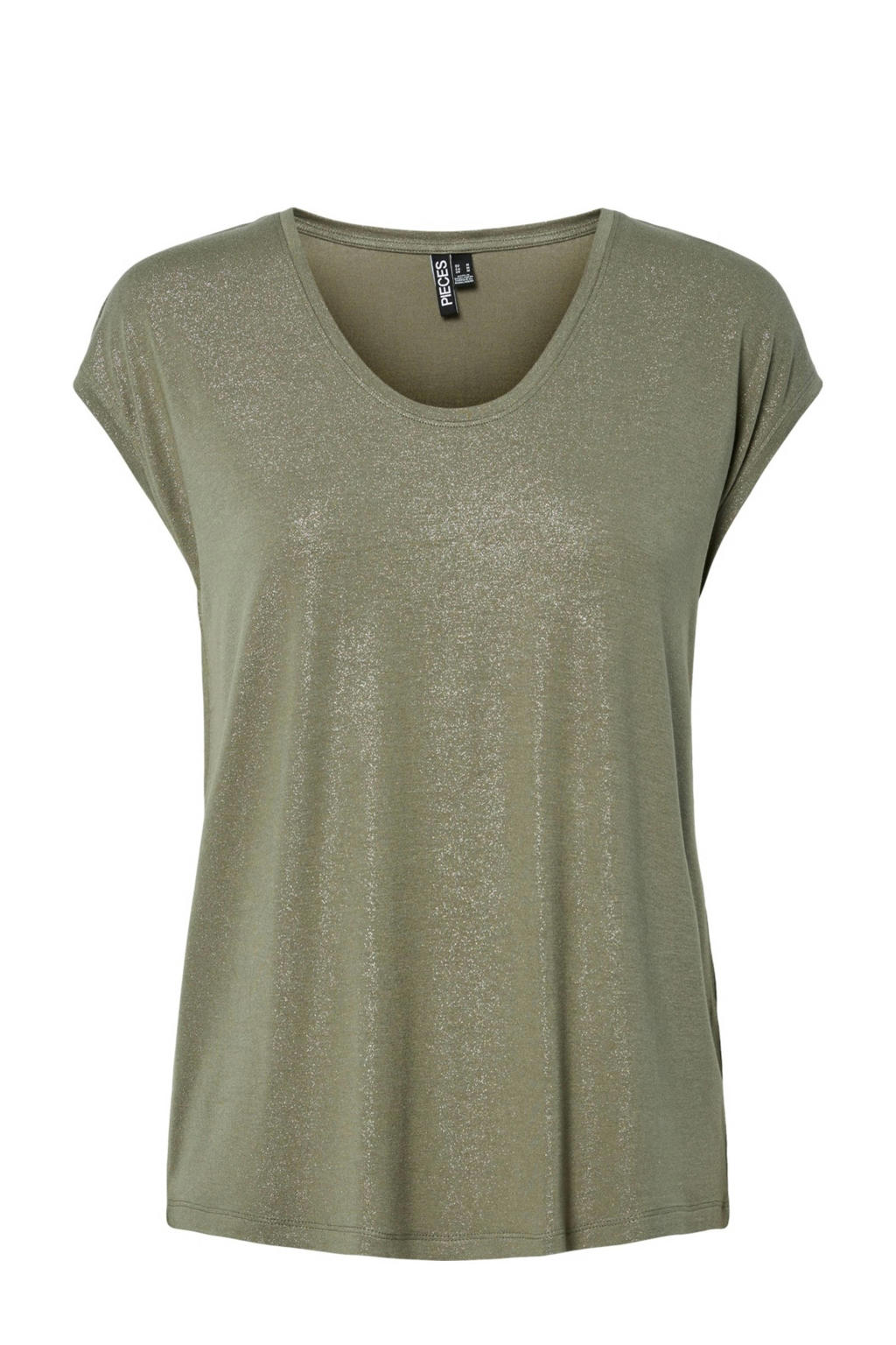 Groene dames PIECES T-shirt van viscose met effen, korte mouwen, ronde hals en glimmend detail