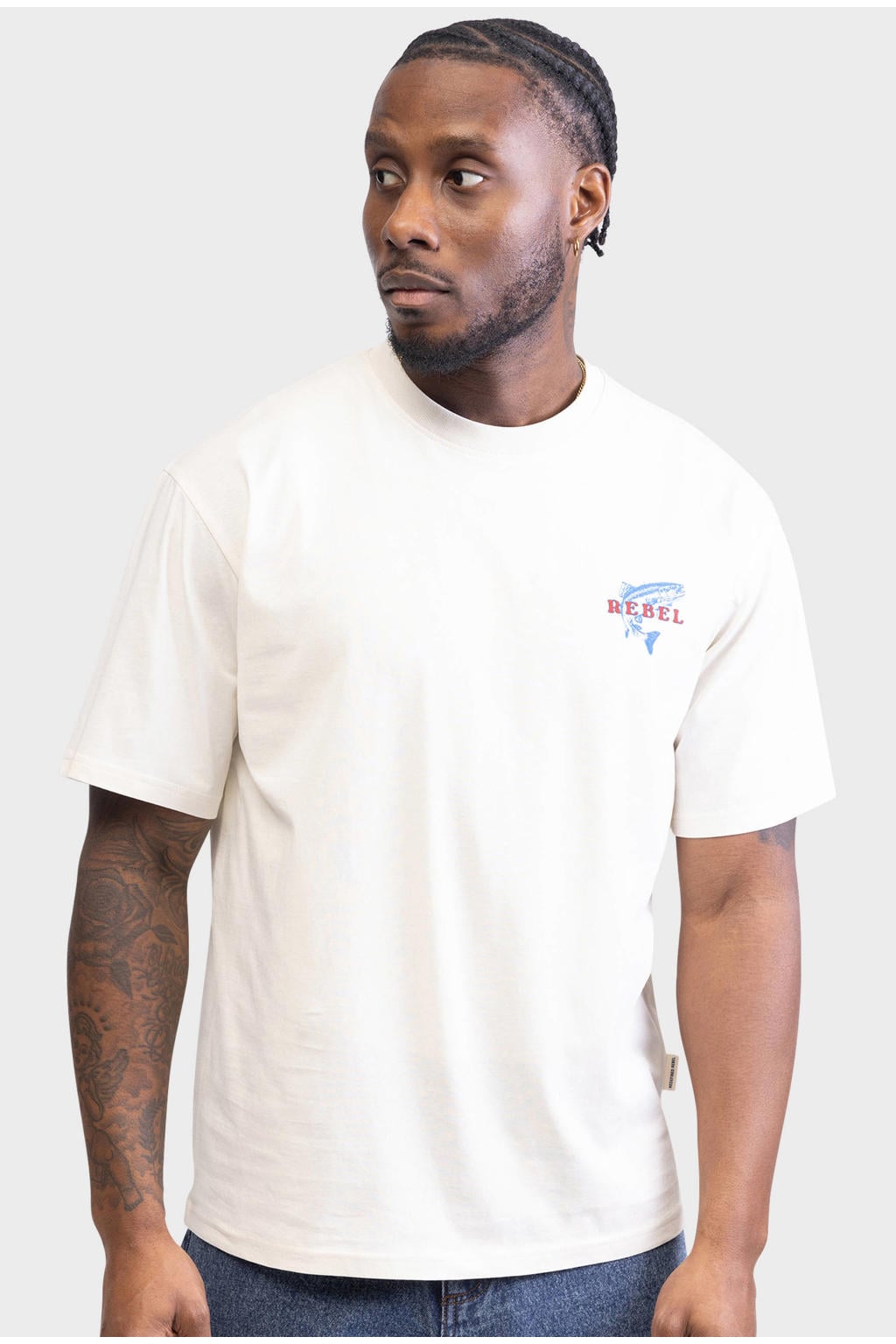Witte heren Redefined Rebel T-shirt van katoen met backprint, korte mouwen en ronde hals