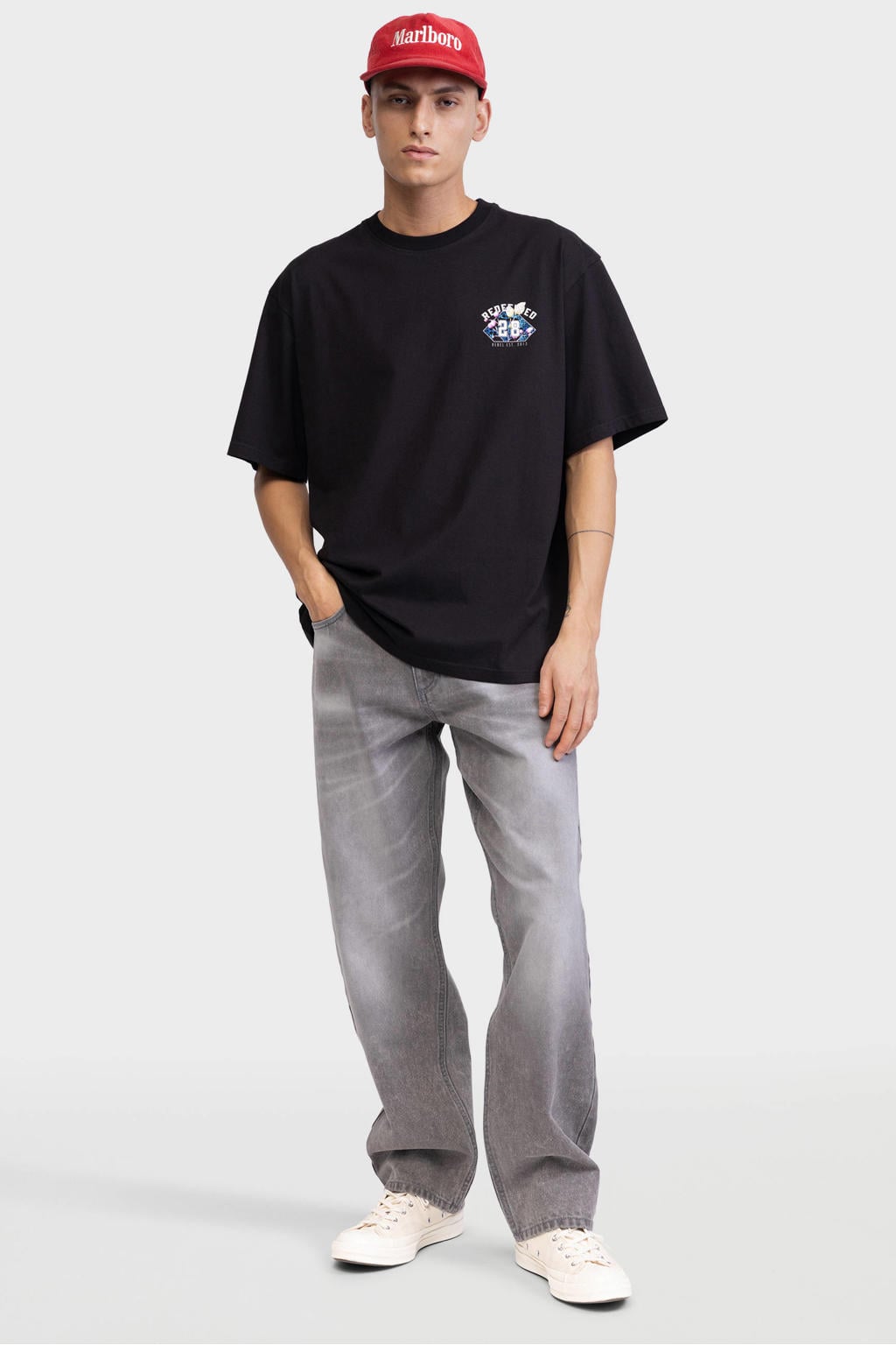 Zwarte heren Redefined Rebel T-shirt van katoen met backprint, korte mouwen en ronde hals