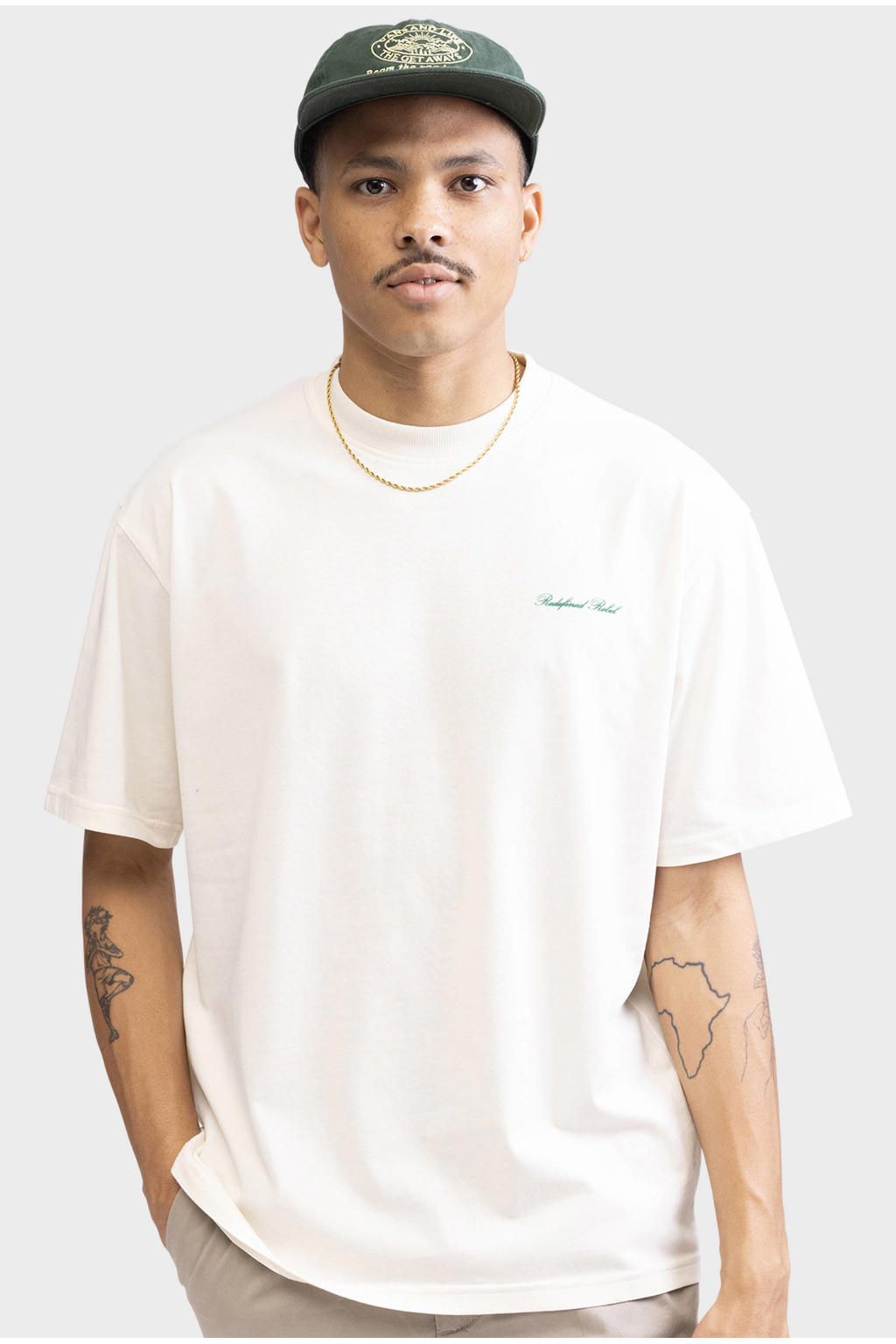 Ecru heren Redefined Rebel boxy T-shirt van katoen met effen, korte mouwen en ronde hals