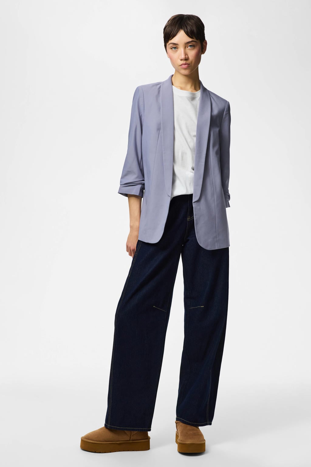 Blauwe dames PIECES regular blazer van polyester met effen, lange mouwen, reverskraag en oprolfunctie
