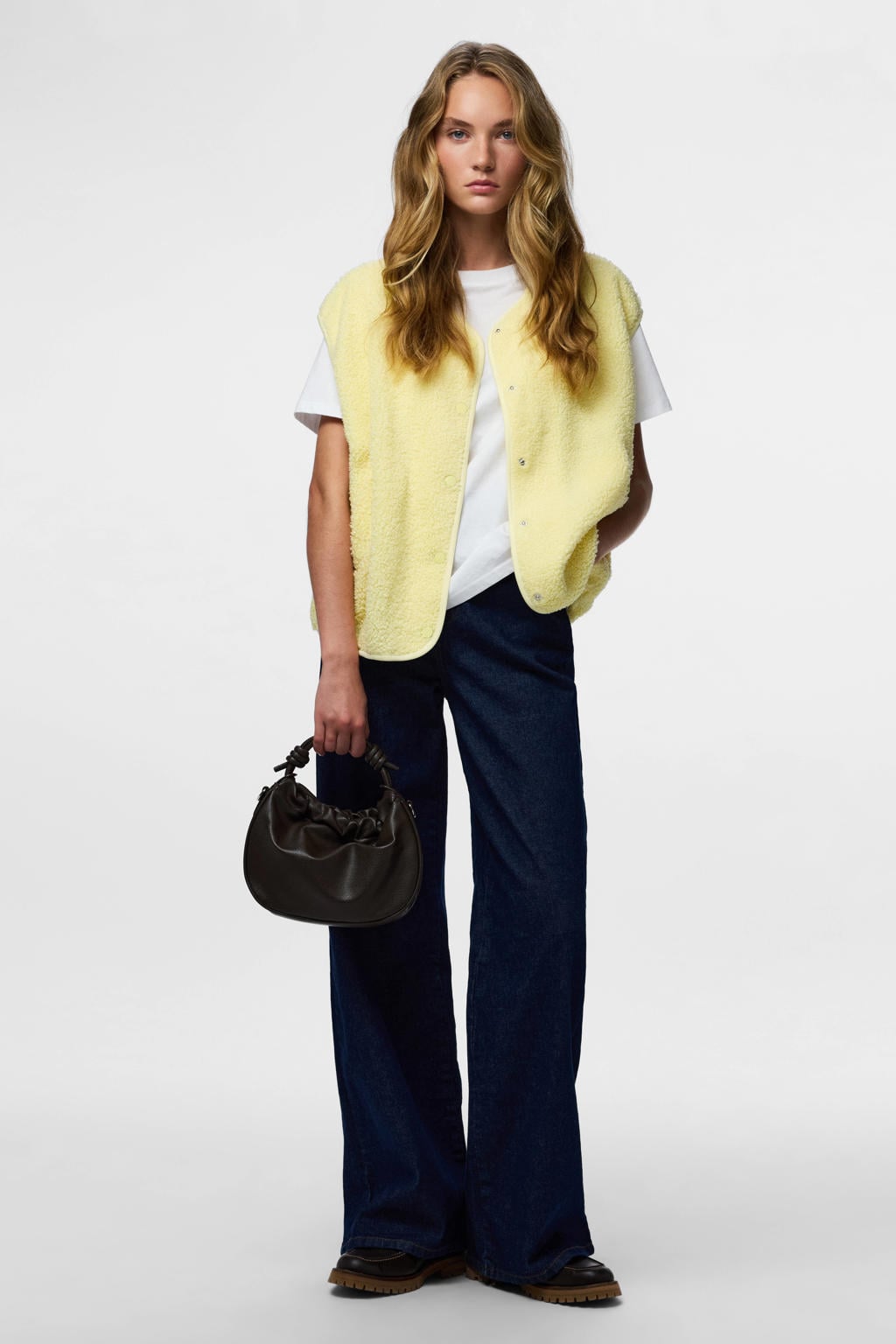 Lichtgele dames PIECES teddy gilet met effen, reverskraag en drukknoopsluiting