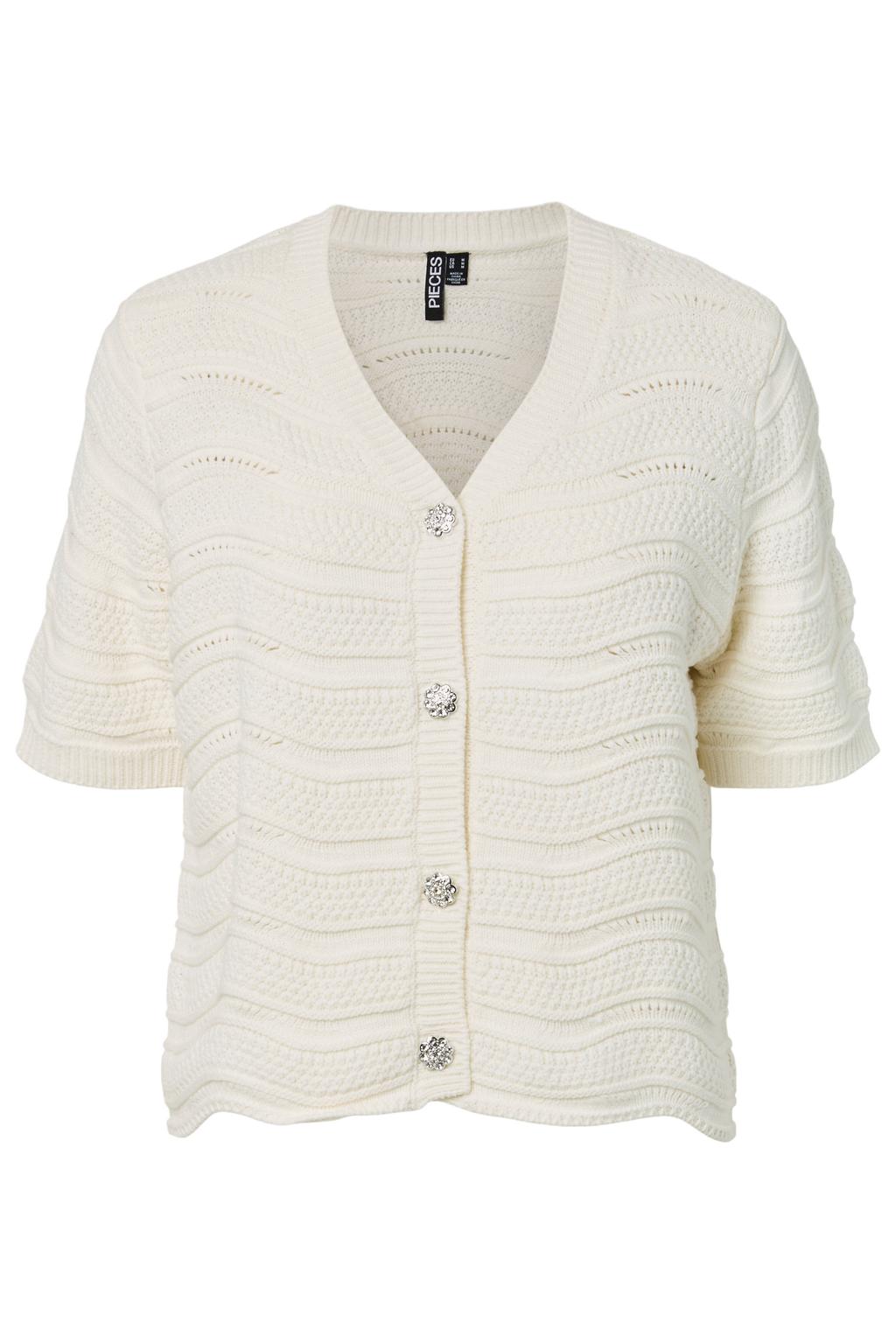 Ecru dames PIECES top gebreid met effen, korte mouwen en V-hals