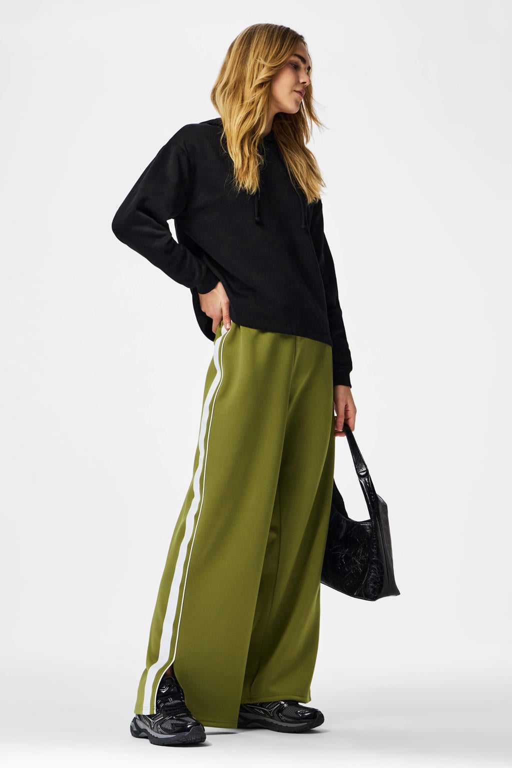 Groene dames PIECES wide leg high waist casual broek met effen