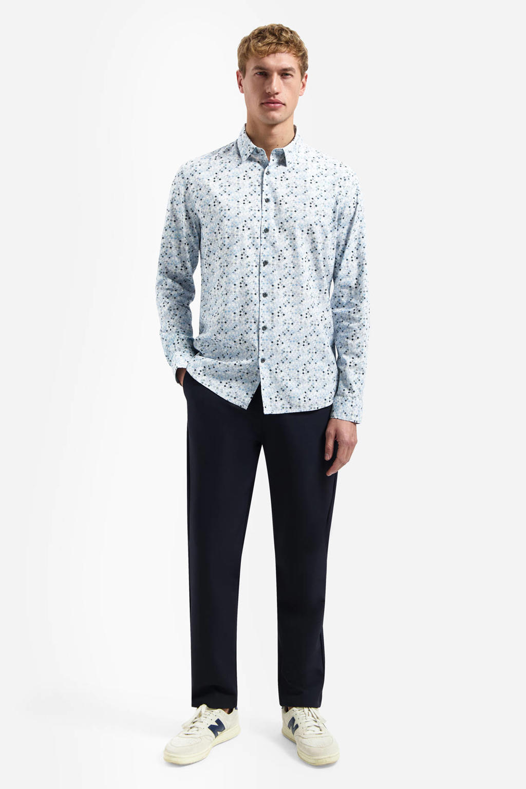 Lichtblauwe heren No Excess regular casual overhemd van katoen met lange mouwen, klassieke kraag en knoopsluiting