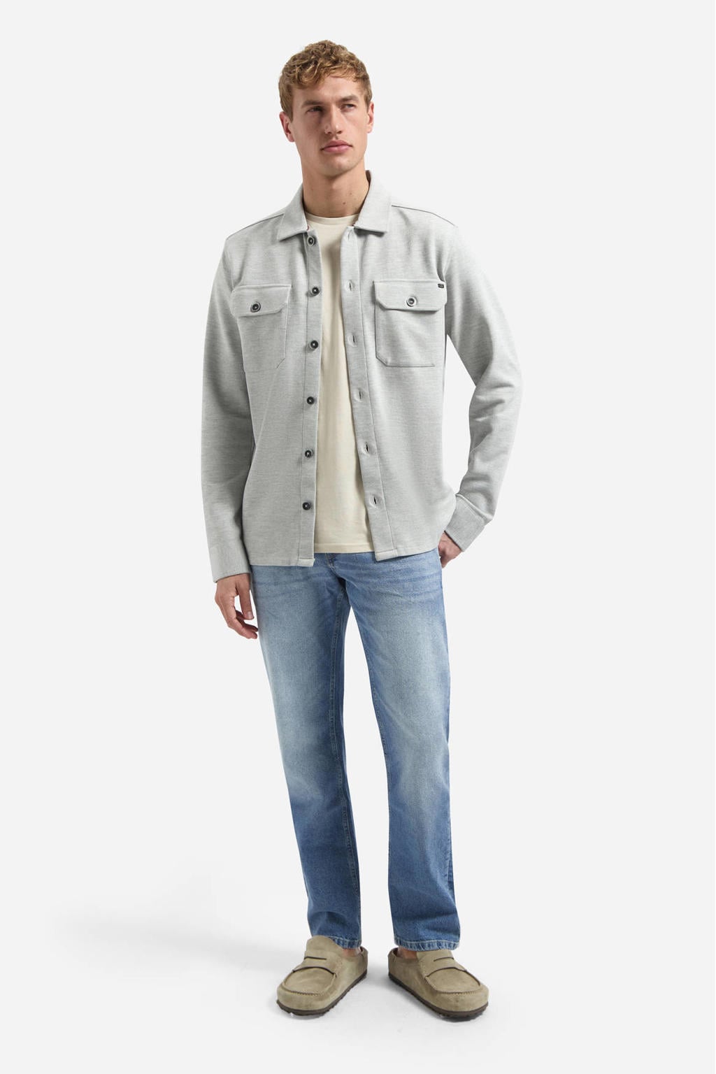 Grijze heren No Excess overshirt van katoen met melée print, lange mouwen, klassieke kraag en knoopsluiting