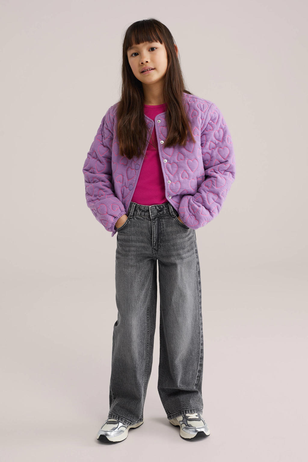 Fuchsia meisjes WE Fashion T-shirt van stretchkatoen met effen, korte mouwen, ronde hals en ruches