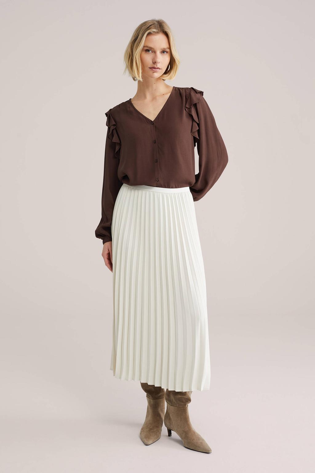Donkerblauwe dames WE Fashion blouse van viscose met effen, lange mouwen, V-hals, knoopsluiting en volant