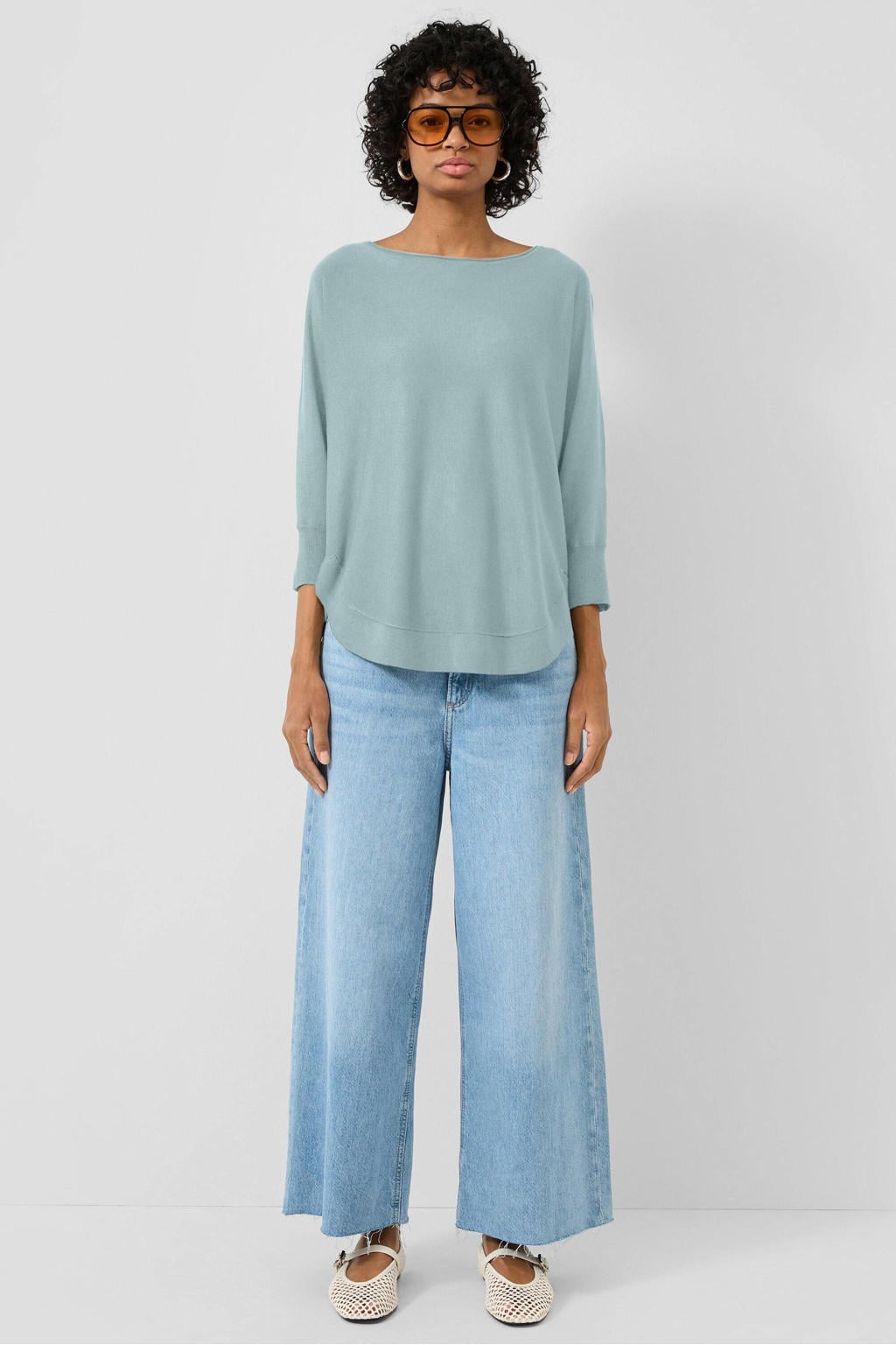 Turquoise dames QS trui fijn gebreid van viscose met effen, driekwart mouwen en boothals