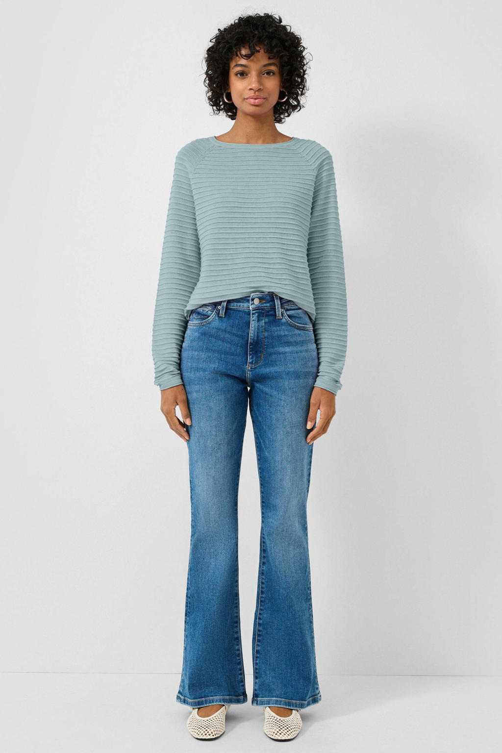 Turquoise dames QS pullover van polyester met effen, lange mouwen, ronde hals en textuur
