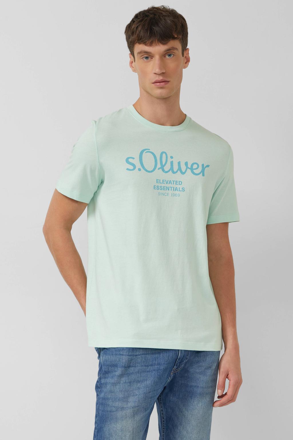 Lichtgroene heren s.Oliver Big Size regular T-shirt Plus Size van katoen met logo dessin en korte mouwen