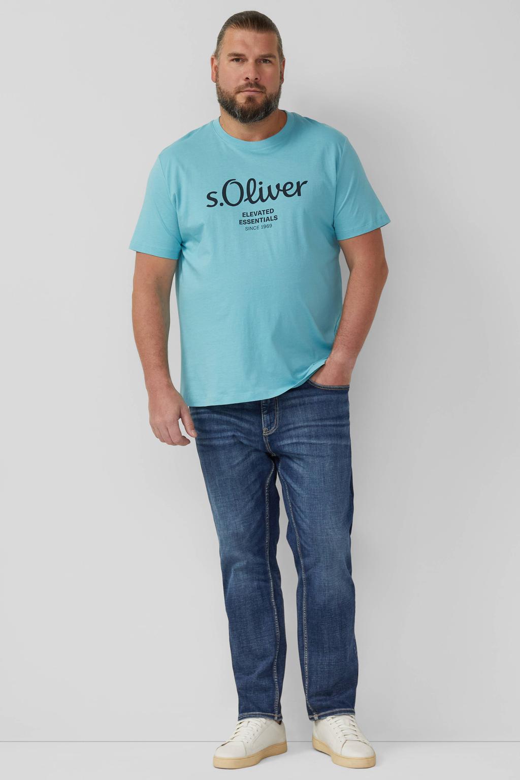 Lichtblauwe heren s.Oliver Big Size regular T-shirt Plus Size van katoen met logo dessin en korte mouwen
