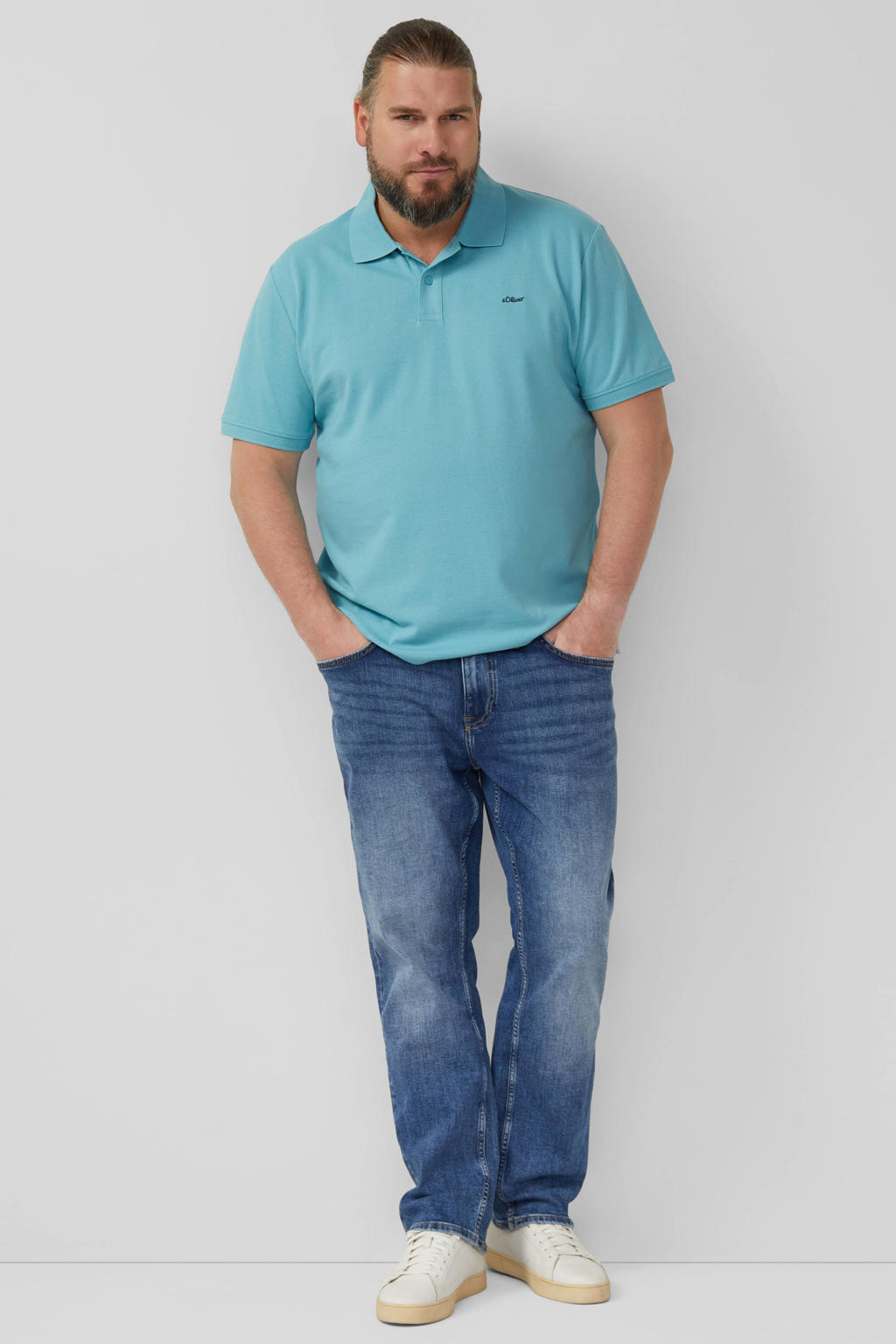 Turquoise heren s.Oliver Big Size regular polo Plus Size van katoen met effen en korte mouwen