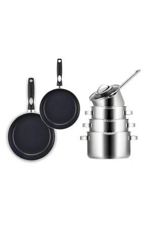  Pannenset Pearl 6-Delig RVS - Downdraft geschikt - Kookpan ø 16, 18, 20 cm & Steelpan ø 16 cm + BEKA Koekenpan 24, 28 cm - geschikt voor alle warmtebronnen