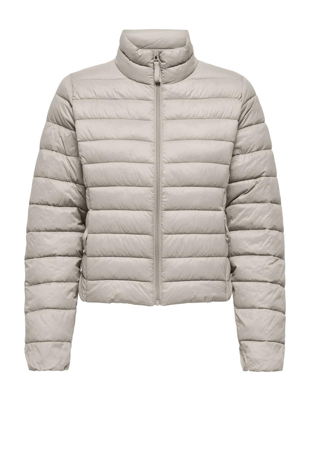 Grijze dames ONLY CARMAKOMA tussenjas quilted van nylon met effen, lange mouwen, opstaande kraag en ritssluiting