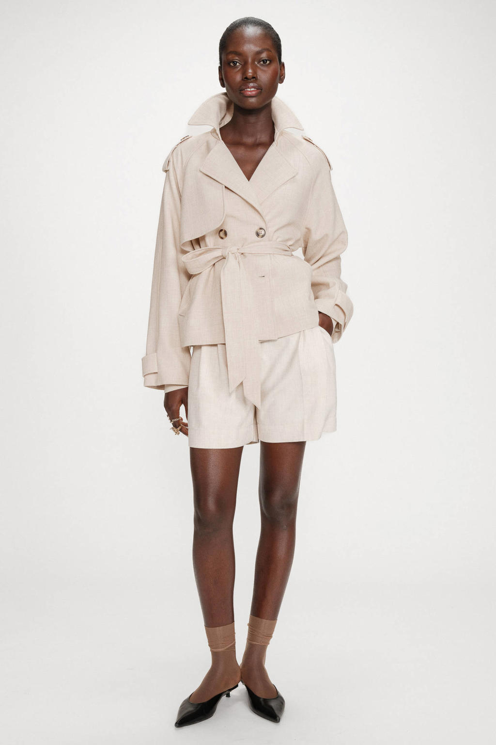 Beige dames Grace & Mila trenchcoat van polyester met effen, lange mouwen, reverskraag, double breasted sluiting en ceintuur