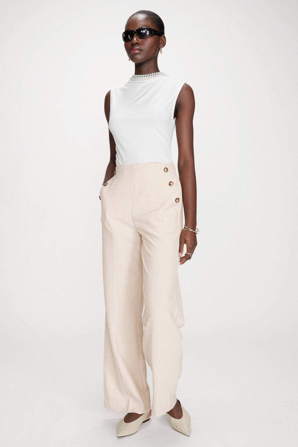 Beige dames Grace & Mila wide leg high waist pantalon met elastische inzet en effen