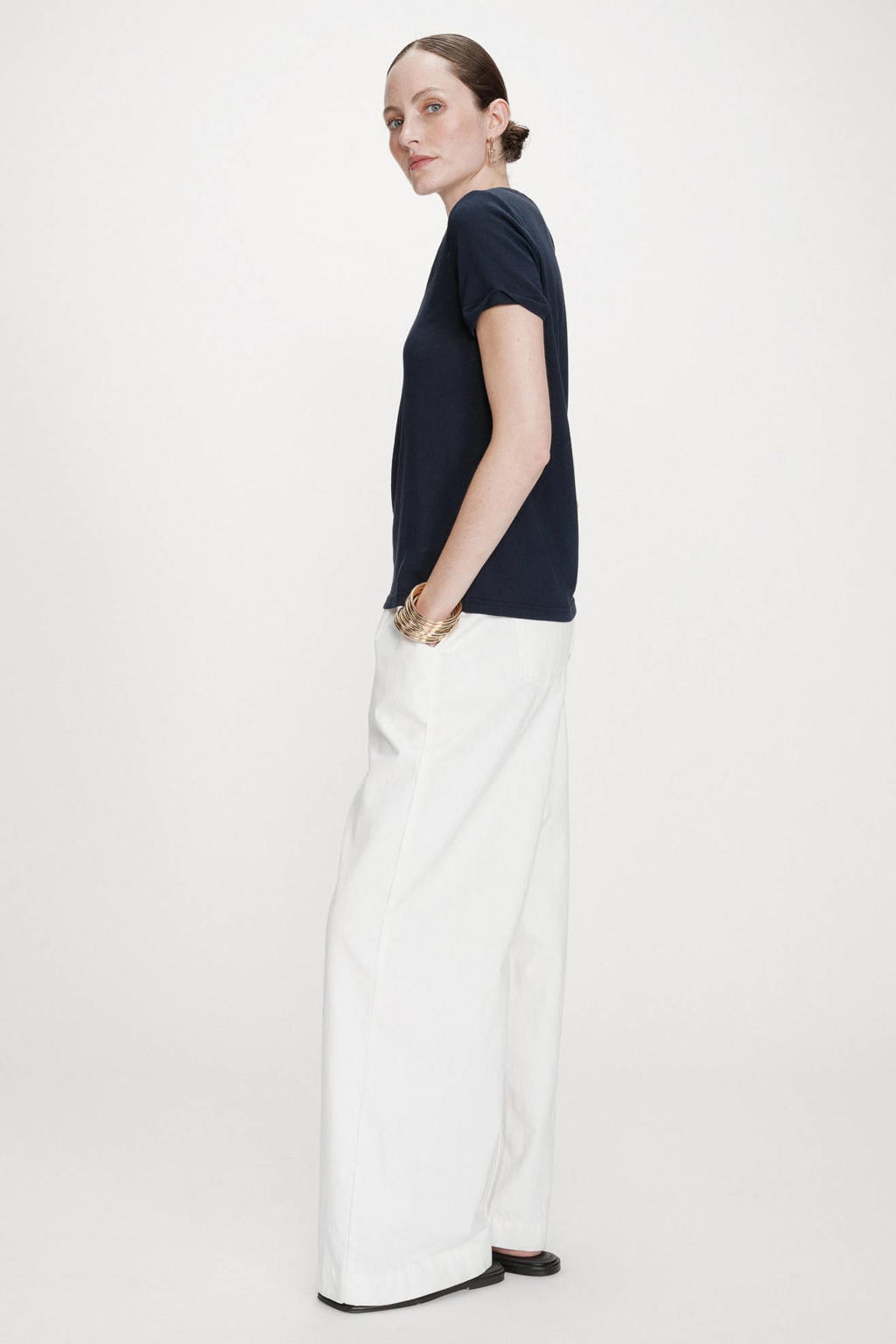 Marineblauw dames Grace & Mila T-shirt blauw van katoen met effen, korte mouwen en V-hals