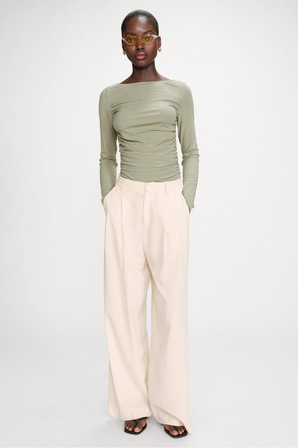 Lichtgele dames Grace & Mila wide leg regular waist pantalon van viscose met rits- en haaksluiting en krijtstreepprint