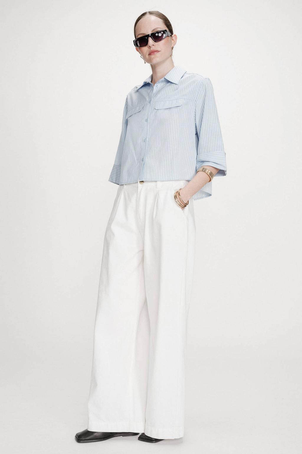 Lichtblauwe dames Grace & Mila gestreepte blouse van katoen met driekwart mouwen, klassieke kraag en knoopsluiting