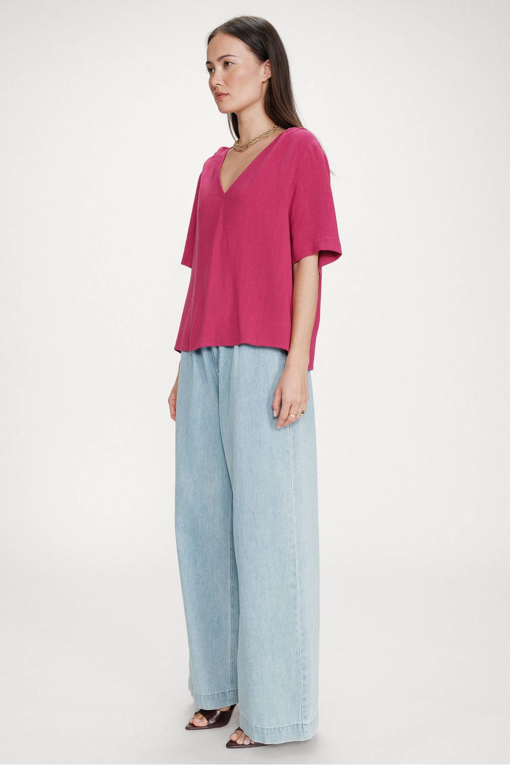 Fuchsia dames Grace & Mila top van viscose met effen, half lange mouwen en V-hals