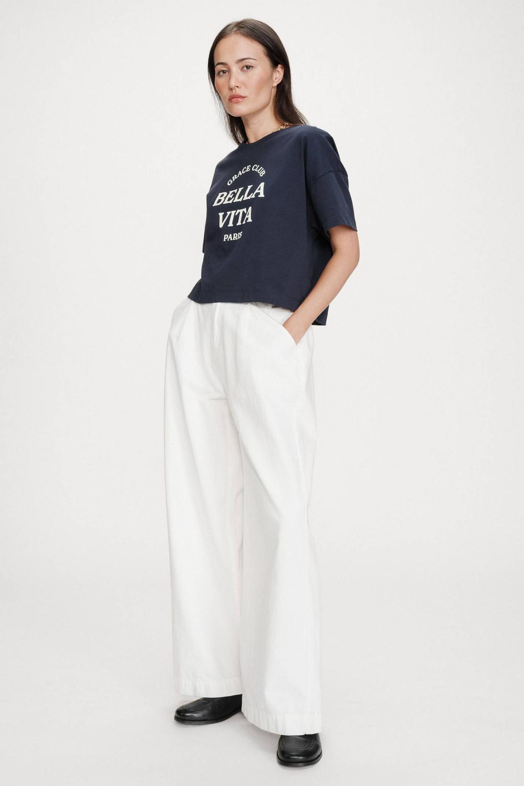 Marineblauw dames Grace & Mila T-shirt blauw van katoen met tekst print, korte mouwen en ronde hals