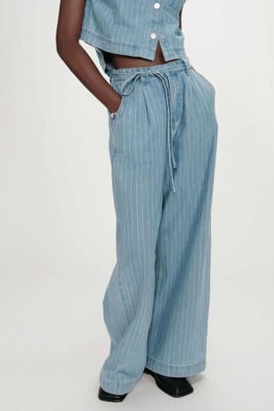 high waist gestreepte wide leg jeans medium blue denim