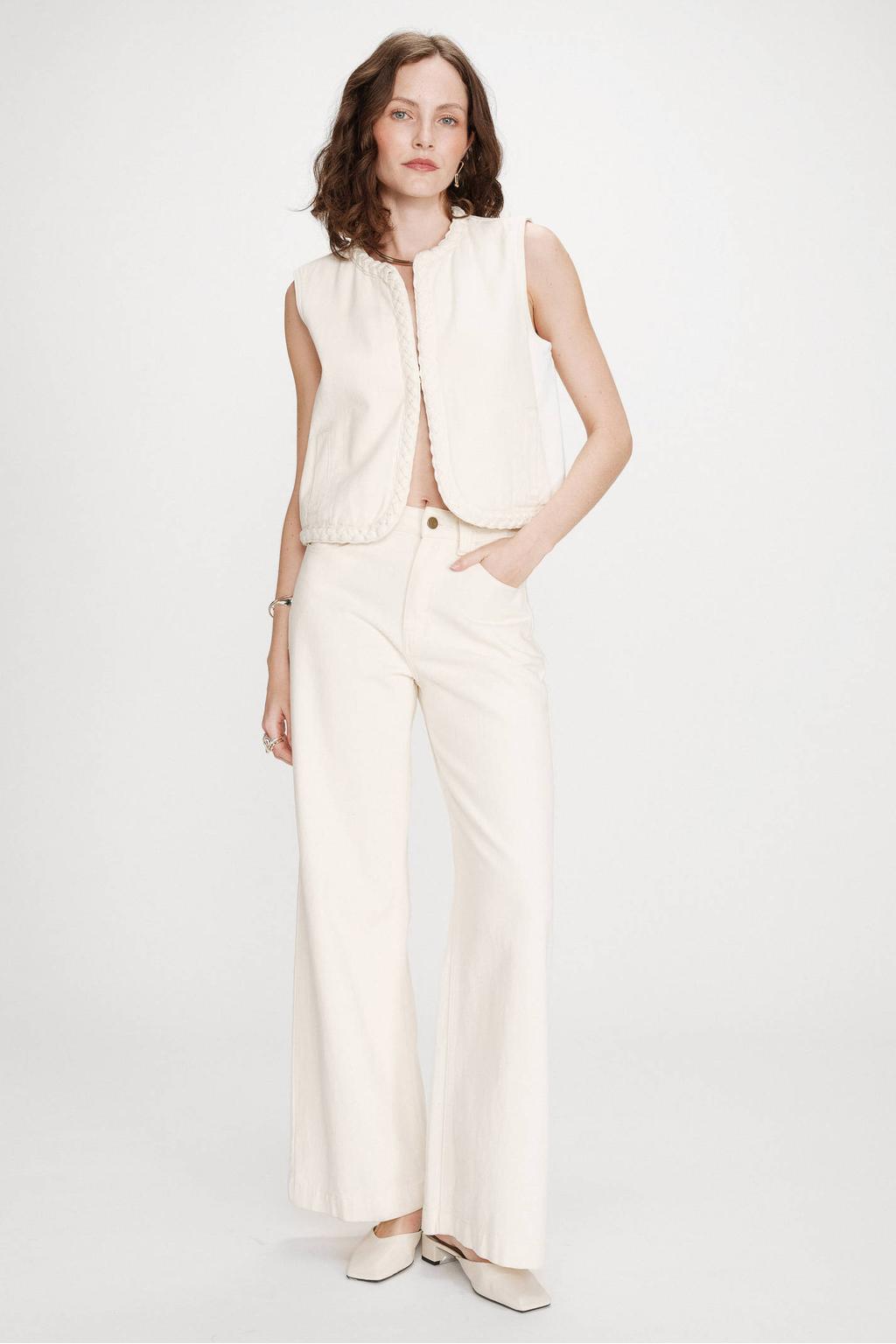 Crème dames Grace & Mila high waist wide leg jeans van denim met rits- en knoopsluiting en effen