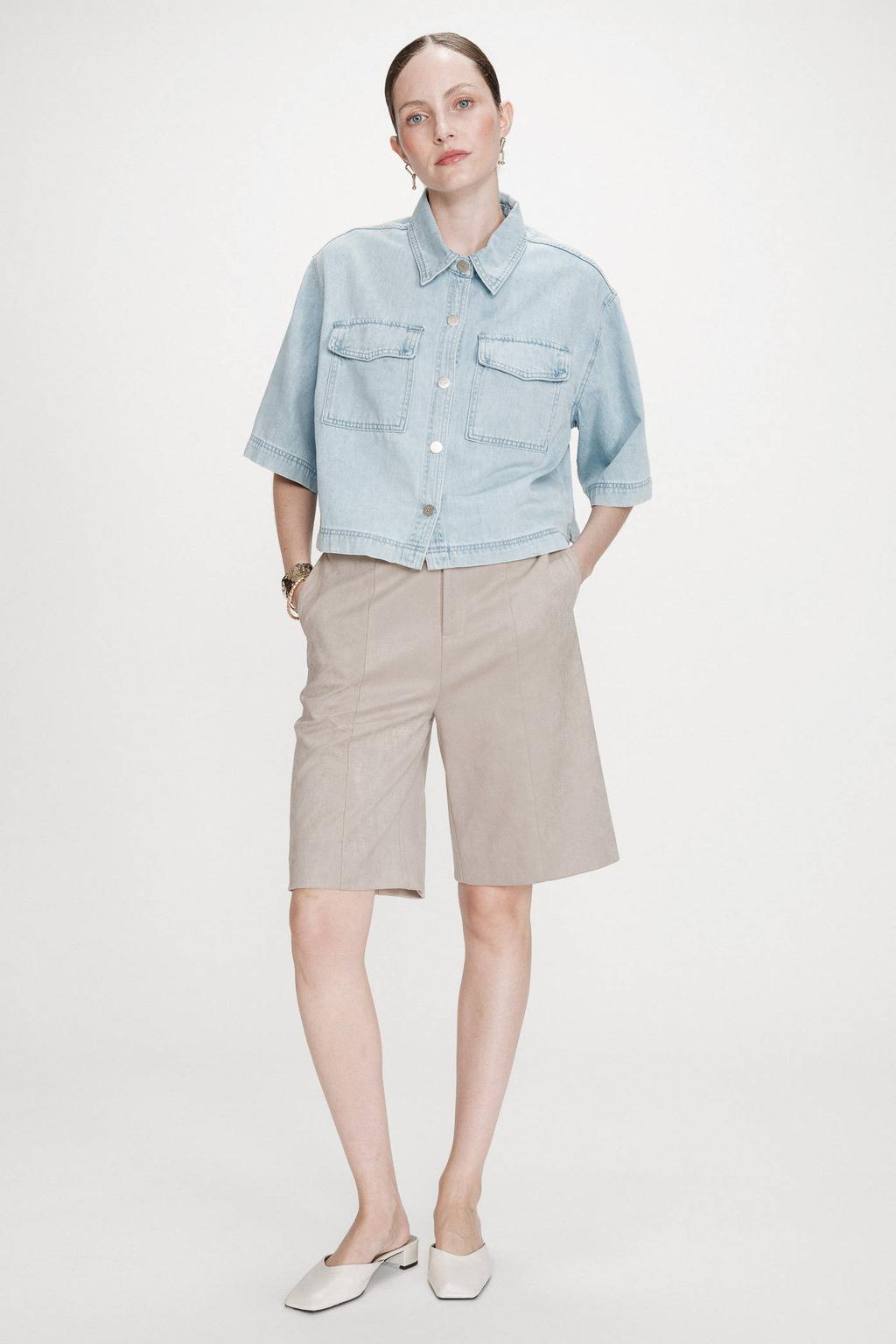 Light blue denim dames Grace & Mila blouse van katoen met effen, korte mouwen, klassieke kraag en drukknoopsluiting