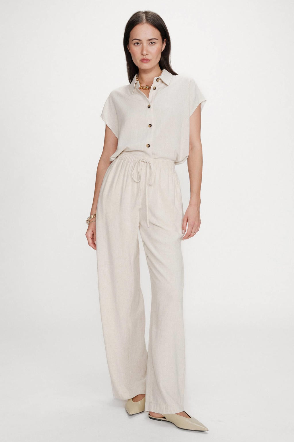 Beige dames Grace & Mila relaxed regular waist casual broek van viscose met elastische tailleband met koord en effen