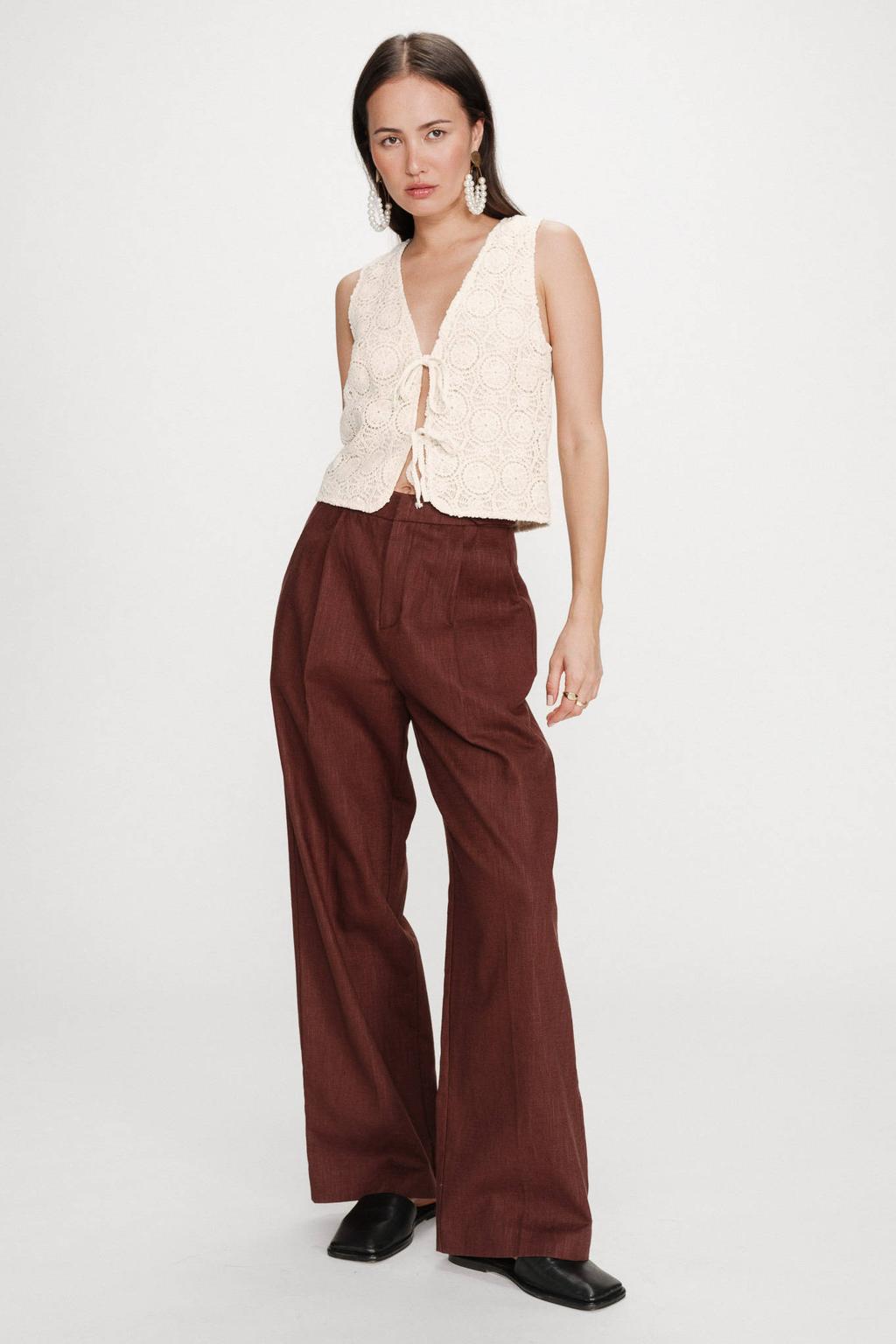 Crème dames Grace & Mila mouwloze top crochet met effen, V-hals en striksluiting