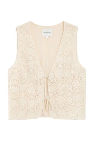 mouwloze top crème crochet
