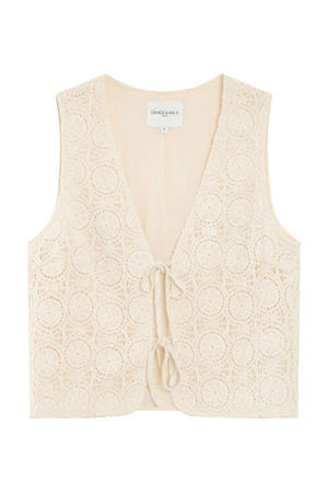 mouwloze top crème crochet