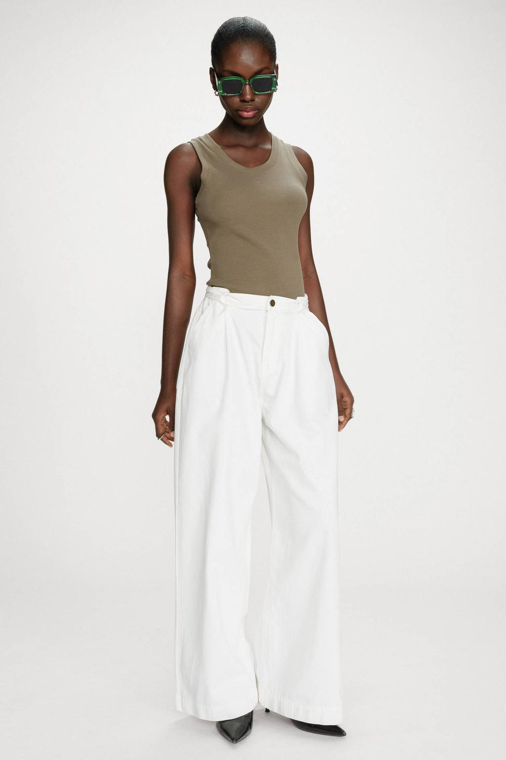 Ecru dames Grace & Mila high waist wide leg jeans van katoen met rits- en knoopsluiting en effen