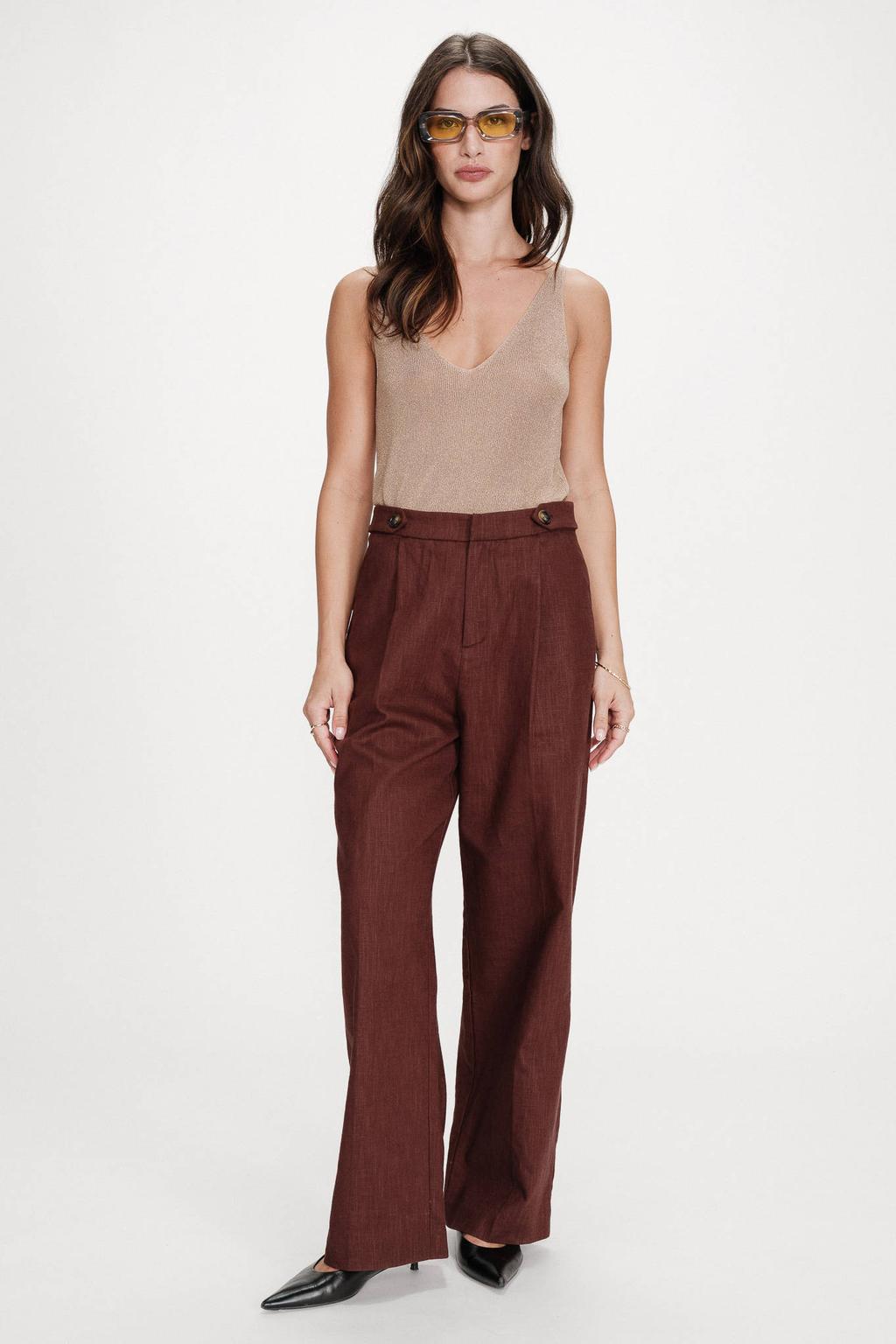 Lichtbruin en gouden dames Grace & Mila top van polyester met effen, V-hals en glimmend detail