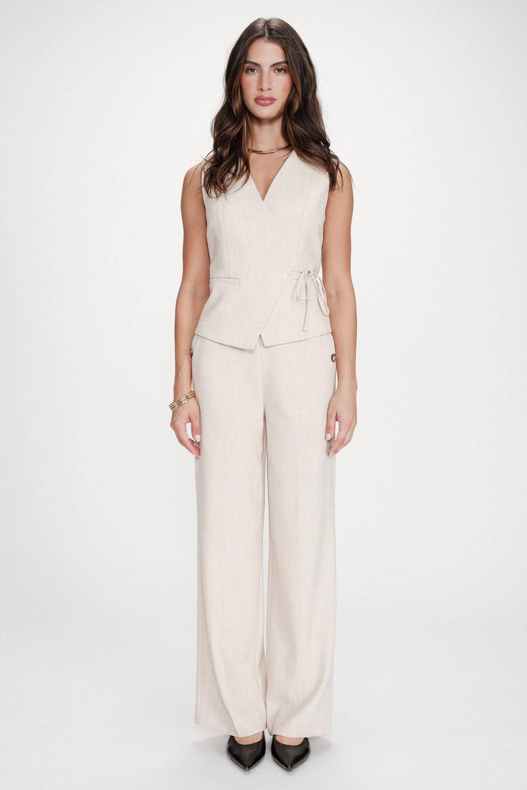 Beige dames Grace & Mila gilet van polyester met effen, V-hals en striksluiting