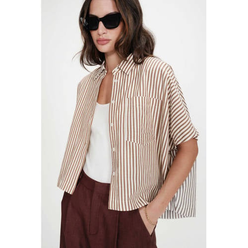 Grace & Mila gestreepte blouse bruin seersucker afbeelding