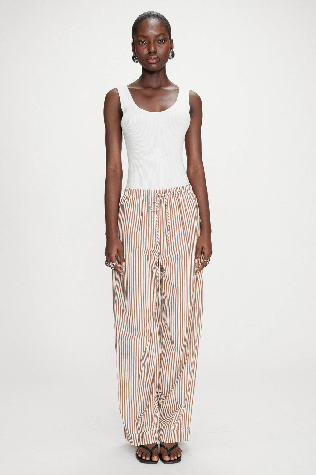 Bruin en beige dames Grace & Mila wide leg regular waist gestreepte casual broek seersucker met elastische tailleband met koord