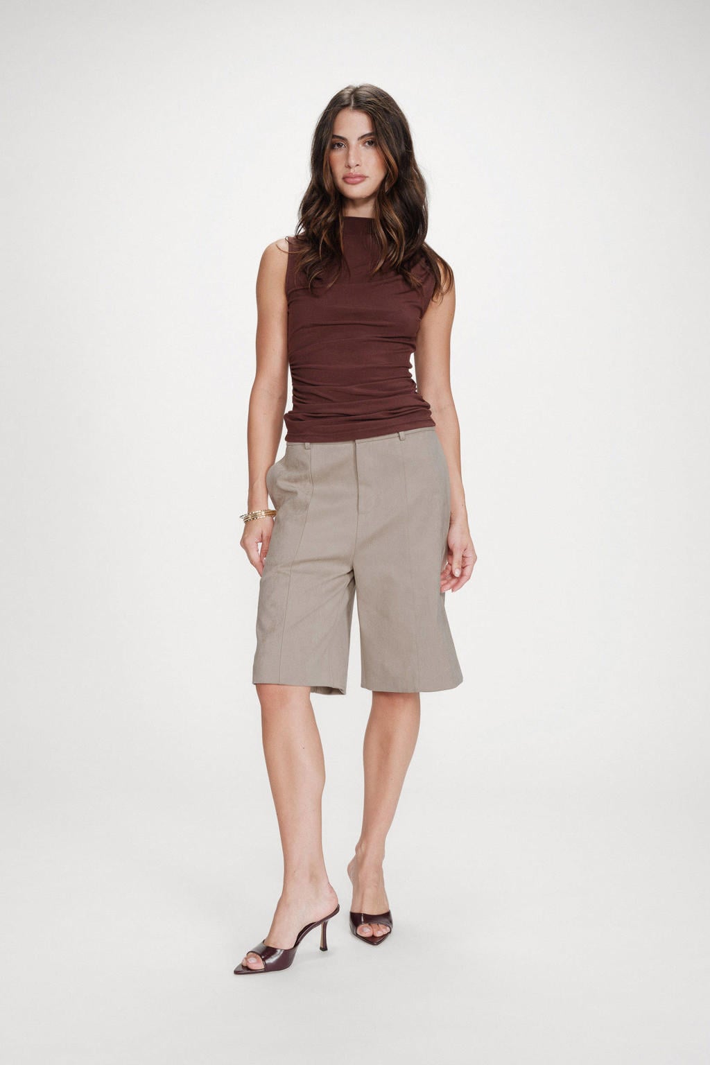 Donkerblauwe dames Grace & Mila top van viscose met effen, boothals en plooien