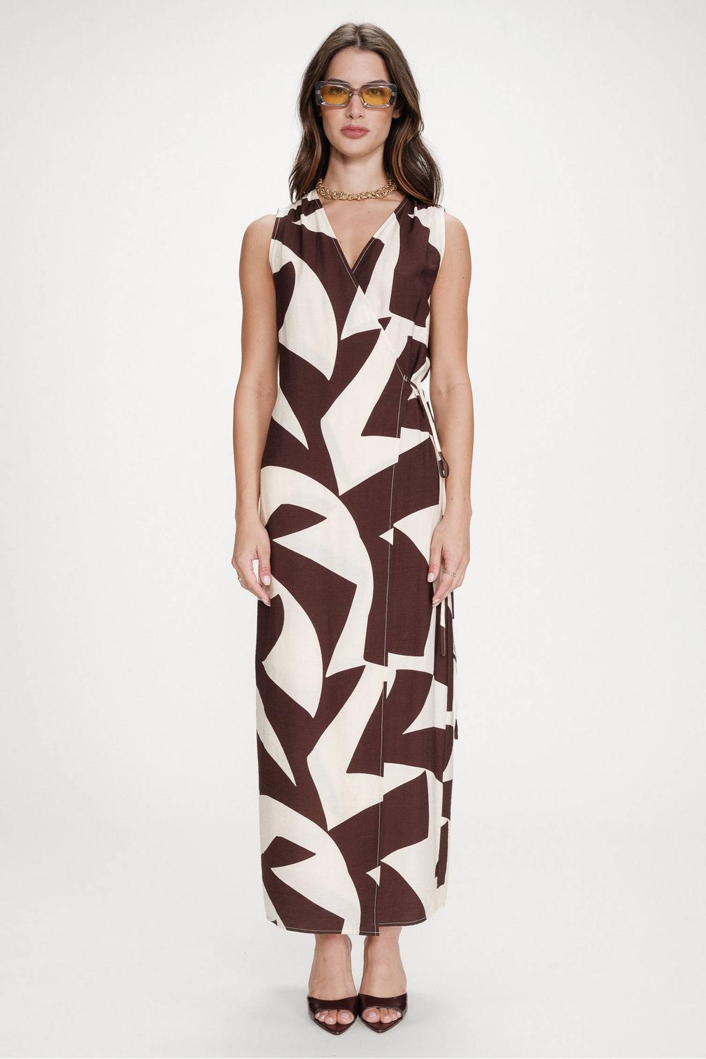 Donkerbruin en ecru dames Grace & Mila maxi jurk van viscose met grafische print, V-hals en striksluiting