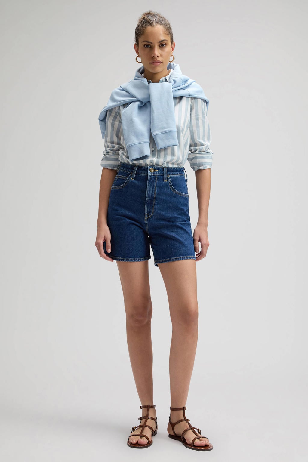 Dark blue denim dames Lee high waist short dark blue van denim met rits- en knoopsluiting en effen