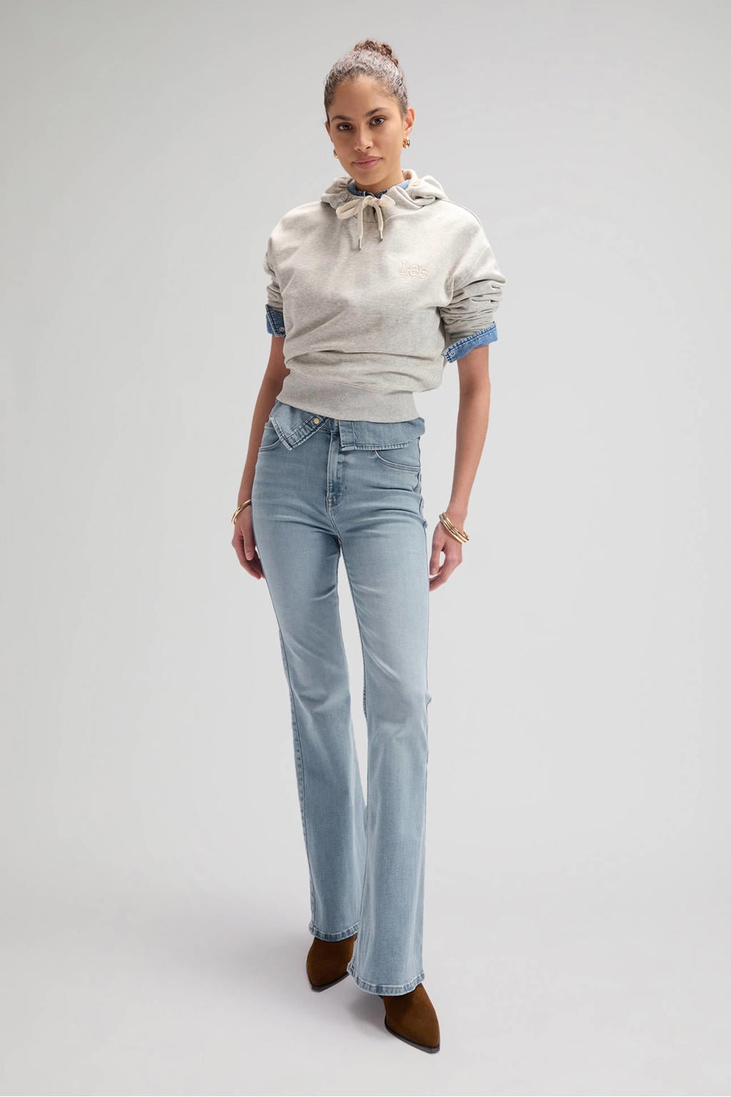 Light blue denim dames Lee flared jeans van denim met regular waist, rits- en knoopsluiting en effen