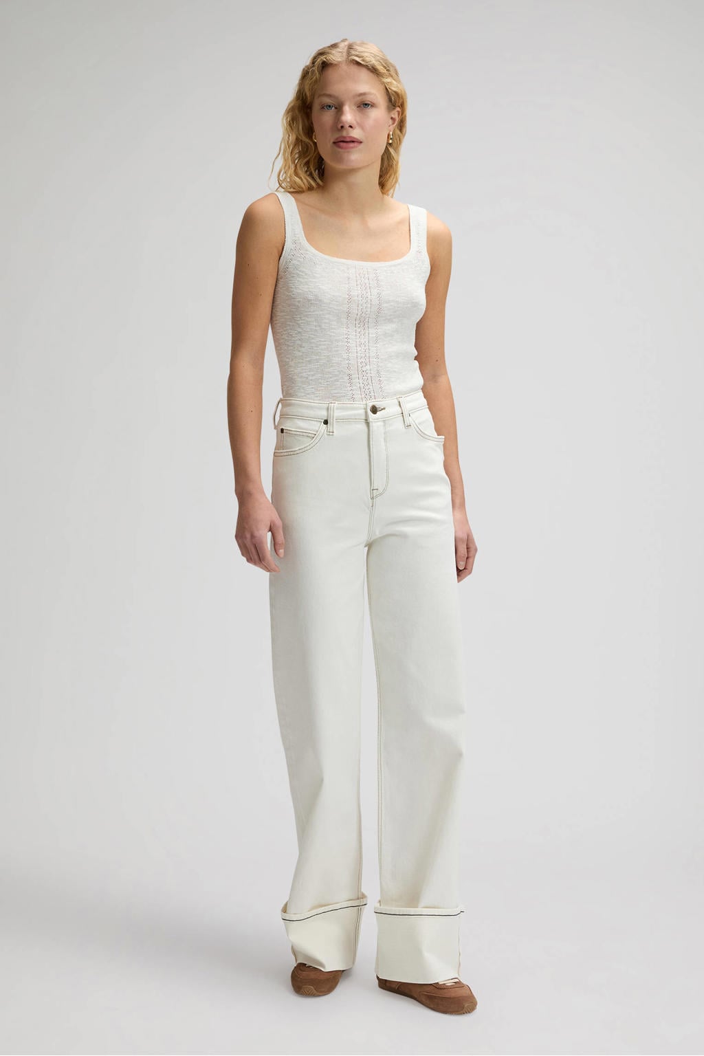 Ecru dames Lee wide leg jeans van denim met rits- en knoopsluiting en effen