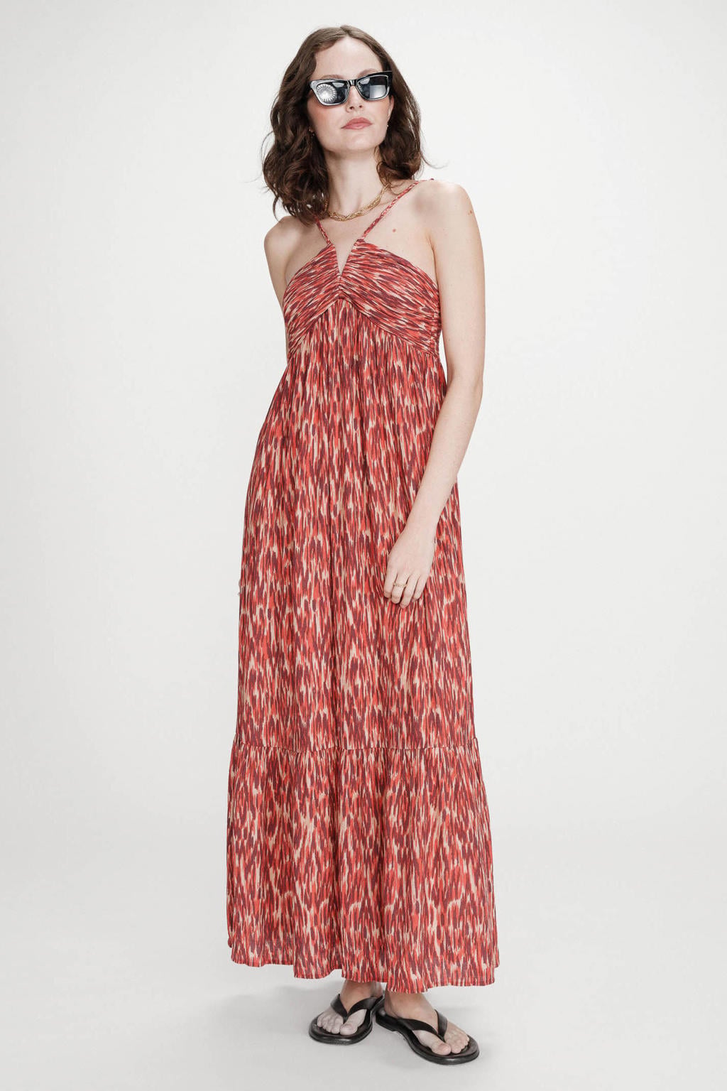 Rood en oranje dames Grace & Mila maxi jurk van viscose met halterkraag